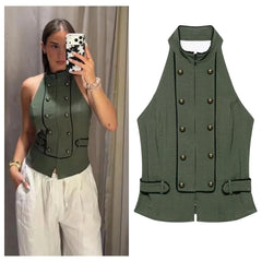 Women's Top 2026 Summer Elegant Fashion Silky Vacation Halter Neck Backless Sexy Unique Army Green Beach Style Party Women's Top