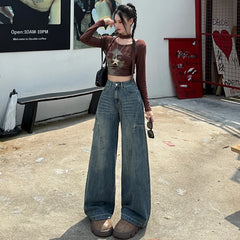 High Waisted Wide Leg Jeans Women Cotton Retro Denim Y2k Loose Fashion Design Sense Pant Streetwear Baggy Straight Trouser Woman