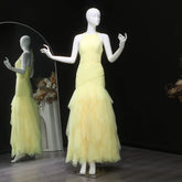 Yellow Halter Satin Evening Gown