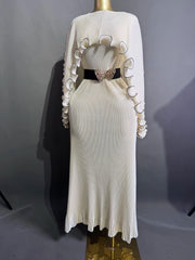 Elegant Pleated Long Dress with Butterfly Belt Women Cape Sleeve Wave Edge Ruffle Evening Party Dress