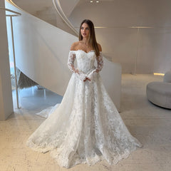 Elegant Wedding Dresses Off Shoulder Long Sleeves Lace Bride Dress for Women Sweep Train A Line White Bridal Gowns Customized