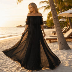 Home Dress Off Shoulder Sheer Nightgown V-neck Ruffle Mesh Nightdress Transparent Short Sleeve Long Sleeping Dress Sleep