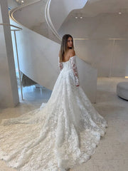 Elegant Wedding Dresses Off Shoulder Long Sleeves Lace Bride Dress for Women Sweep Train A Line White Bridal Gowns Customized