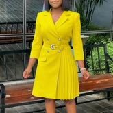 Pleated Notched Collar Midi Dress