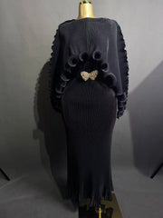 Elegant Pleated Long Dress with Butterfly Belt Women Cape Sleeve Wave Edge Ruffle Evening Party Dress