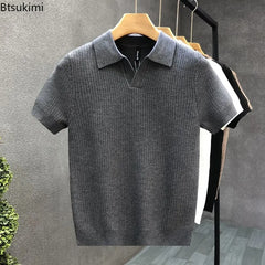 2026 Men's Summer Polo Shirt Korean Style Slim Wrinkle Resistant Collar Solid Color T-Shirts Casual Thin Sleeve Trendy Knit Tops