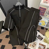 Men's Tracksuit Casual Half-zip Short-sleeve Shorts Contrasting Colors American Style Sportswear for Summer Couple 2 Piece Suit