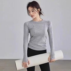 Yoga Clothes for Women, Sports Tops, Round Neck, Seamless, Slim, Running Shirt Fitness Workout Long Sleeves Gym T Shirt, Winter