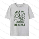 Girls Will Be Girls Funny Feminist T-Shirts for Women Retro Praying Mantis Graphic Tees Cottagecore Insect Tshirt Dark Humor Top