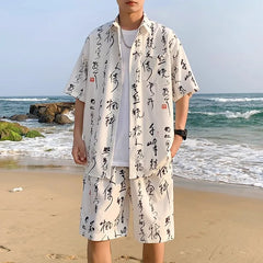 Summer Men's Tracksuit Sets Fashion Print Chinese Style Short Sleeeve Sports Casual Set Men Beach Suits Streetwear Shirts+Shorts