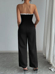 Jumpsuit Spring Summer Women Black Strapless White Ruffle Trim Wide Leg Chic Elegant Daily Date Party Jumpsuit