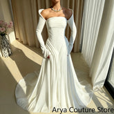 A‑Line Wedding Dress Satin Boned Corset Bodice With Vertical Pleat Details Matching Long Satin Gloves Voluminous Flowy