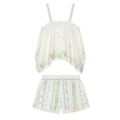 Women's Printed Shorts Set Summer Asymmetric Hem Wide Straps Loose Top Elastic Waist Lace Trim Shorts Fashion Casual 2 Piece Set