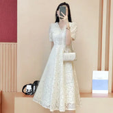 Elegant White Lace Puff Dress