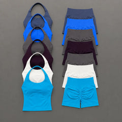 Women Seamless Yoga Set Halter Sports Bra Scrunch Butt Shorts 2 Piece Gym Workout Fitness Activewear High Waist Athletic Outfit