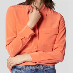 Women Real Silk Shirts Classic Double Pockets Solid Color Casual Fashion Long Sleeve Thin Shirt Blouses Tees