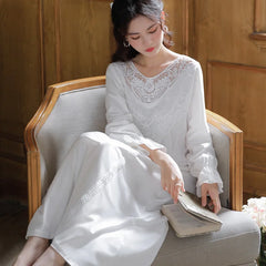 Romantic Lace Nightdress Women French Style Fairy Sleep Lace Dress Elegant Long Sleeve Cotton Nightgown Victorian Loungewear