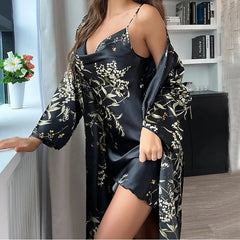 2-pcs Women's Nightgown Women's Pajamas Satin Dress Sexy Slip Dress Women's Silk Robe Satin Woman Nightie Home Suit for Women