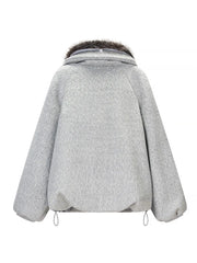 HH Women Fashion Coats Gray Turn-Down Collar Long Sleeves Pockets Decoration Zipper Winter Short Coat Woman Casual Loose Jackets