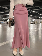 Shirred Satin High Waist Midi