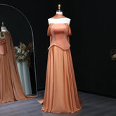 Brown Off Shoulder Chiffon Evening Gown