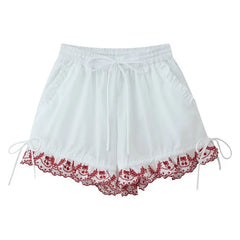 Women's Embroidered Shorts Summer New Elastic Waist With Pockets Lace-up Shorts Fashion Casual Female Shorts