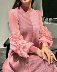 Women Elegant Evening Party Dresses 2025 Summer New Solid Colour Classic Long Sleeve Plate Flower Design Prom Dresses Female