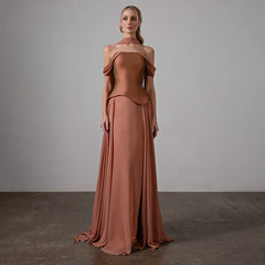 Brown Off Shoulder Chiffon Evening Gown
