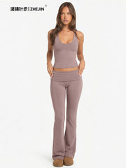 2 Piece Yoga Set Women Foldover Waist Flare Pants Bell Bottoms Tank Top Matching Set Gym Workout Fitness Wear Lounge Wear Suit