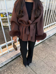 Women's Wool Coat with Fur Cuffs Minimalist Soft Wool High Fashion Belted Winter Fur Trim Coat Old Money Style Natural Fur Coat