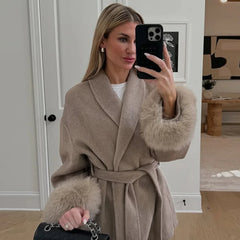 Elegant Women's Lace Up Woolen Coats Solid Full Sleeve Turn-down Collar Loose Lady Coats 2025 Autumn Winter Female Streetwear