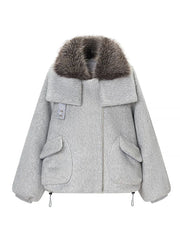 HH Women Fashion Coats Gray Turn-Down Collar Long Sleeves Pockets Decoration Zipper Winter Short Coat Woman Casual Loose Jackets