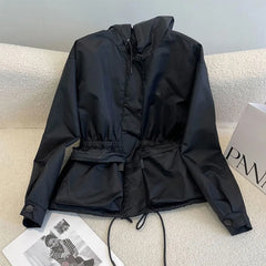 Black jacket for women 2025 autumn new hooded drawstring high-end thin jacket top