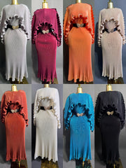 Elegant Pleated Long Dress with Butterfly Belt Women Cape Sleeve Wave Edge Ruffle Evening Party Dress