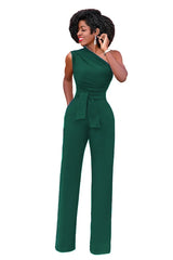 Elegant Skew Collar Belted Jumpsuit