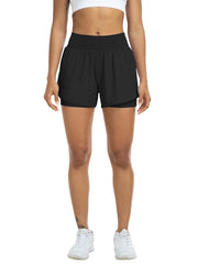 Women's high-waisted athletic shorts for running, yoga, layered design, anti-exposure, fitness, and workout with pockets