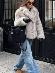 HH 2024 Women 's Vintage Soild Faux Fur Coat Turn-down Collar Long Sleeve Warm Plush Wool Coats Lady Winter Autumn Outwear
