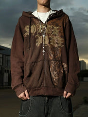 Y2k Zipper Hoodie Letter Pattern Gothic Punk Sportswear Brown Hoodie Sportswear Hoodie Long Sleeve Super Large Hoodie Jacket