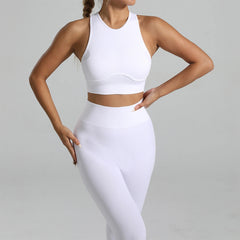 Seamless Ribbed High Waisted Yoga Set for Women, Tummy Control Criss Cross Back Workout Outfit, Quick Dry Fitness Set for Gym