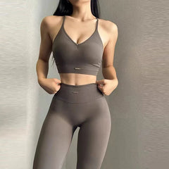 Women's fitness suit, V-neck bra yoga set sports high waisted leggings, tight fitting and shaping