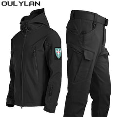 Oulylan SoftShell Tactical Waterproof Jacket Fishing Hiking Camping Climbing Jacket HoodedWinter Autumn Tracksuits Set Men