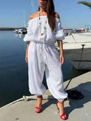 Off Shoulder Casual Puff Jumpsuit