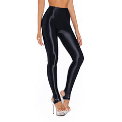 Womens Shiny Glossy High Waisted Stirrup Leggings Tights Gymnastics Workout Yoga Pants Tummy Control Sports Trousers