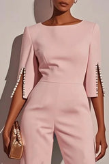 Women's Jumpsuit Casual Solid Color 3/4 Length Sleeve Straight Round Neck Beaded High Waist Daily Going out Regular Fit Black Wh