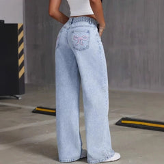 Mens Jeans Vintage Bow Embroidery Washed Denim Pants Harajuku Unisex Loose Fit Straight Leg Streetwear Casual Fashion Trend New