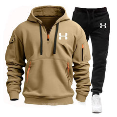 New Long Sleeve Hoodie with Zipper and Multiple Pockets for Men's Autumn and Winter + Sports and Leisure Pants Two-Piece Fitness