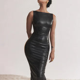 PU Leather Split Midi Dress