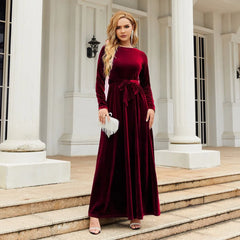 Women's Elegant A-Line Velvet Dress for Wedding Guest Prom Party Wedding Party, Long Sleeve Round Neck Belted Full Skirt