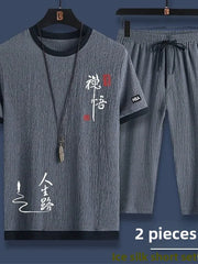 Casual Ice Silk Sports Suit Men's Summer Thin Short Sleeve Shorts Trendy Clothes Handsome Match One Set of Youth Clothing