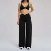 Yoga Set - Backless Bra + Cross Waist Wide Leg Pants Fitness Suit, Jogging Tracksuit Active Wear Workout Loungewear Sports Gym